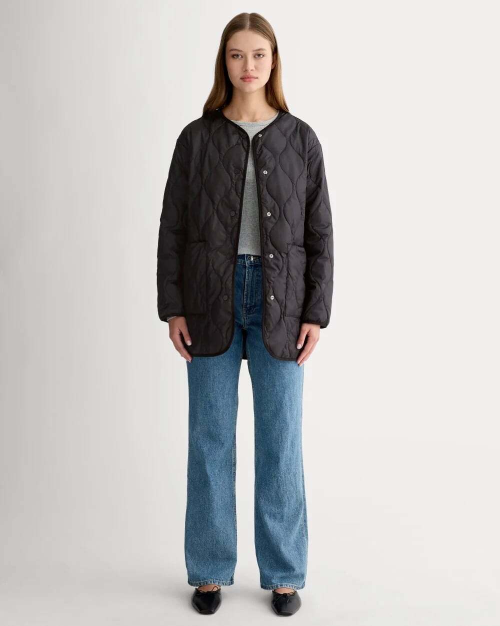 EVERLANE The Quilted Liner Jacket Size L Black Packable Capsule Travel City Chic
